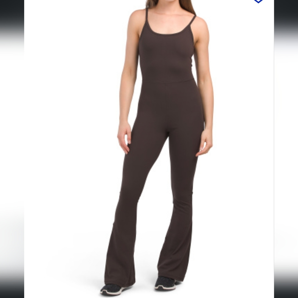 NWT Yogalicious Lux Scarlett Flare Jumpsuit W/Inner Bra & Adjust. Straps Brown S
